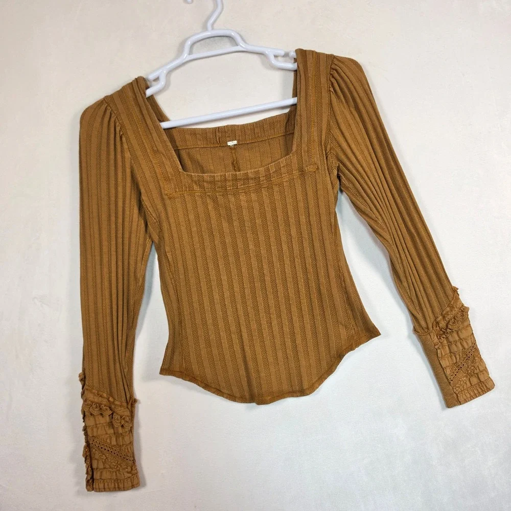 Free People Ribbed Top Women's Small Brown Cottagecore Puff Sleeve